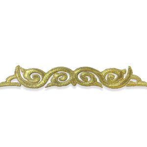 Aplique decorativo bordado dorado con diseño ornamental alargado